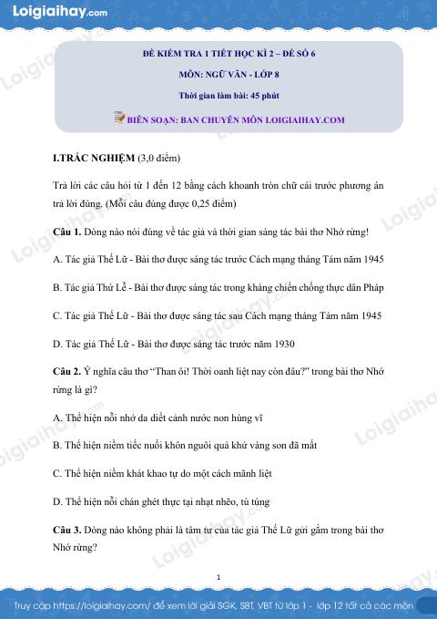 Đề kiểm tra 1 tiết Văn 8 - Đề số 6
